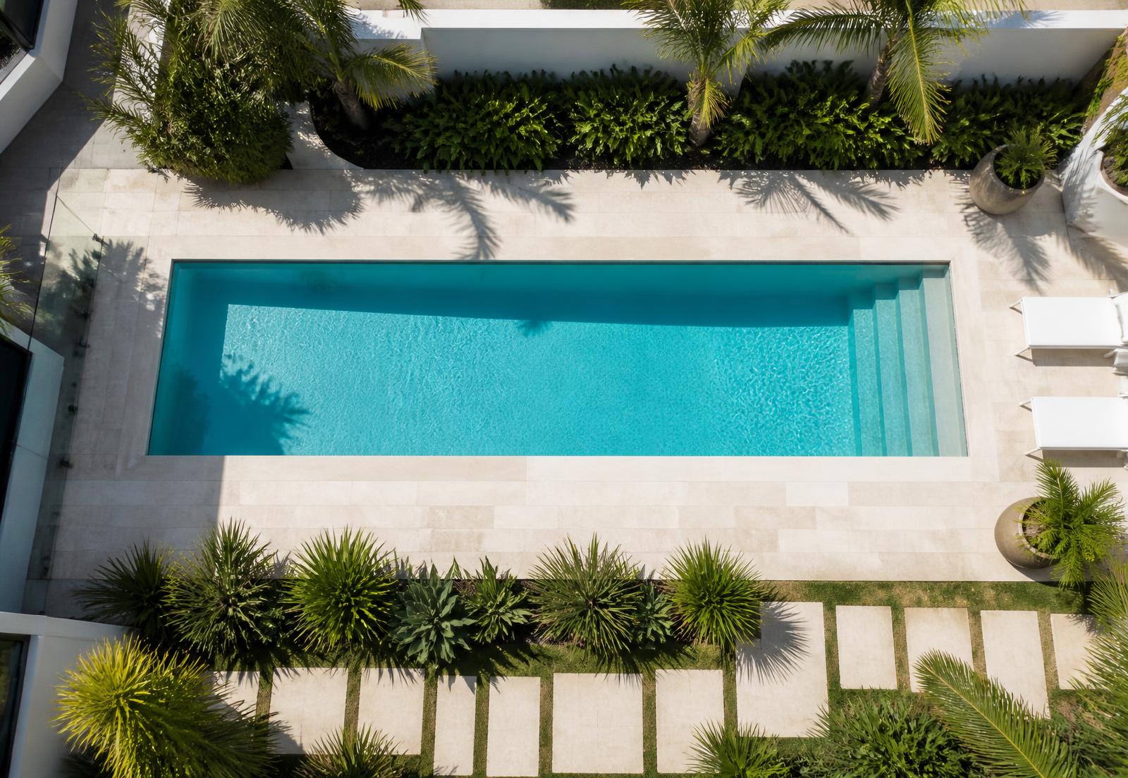 Overhead view of a rectangular lap pool in a Queensland courtyard
