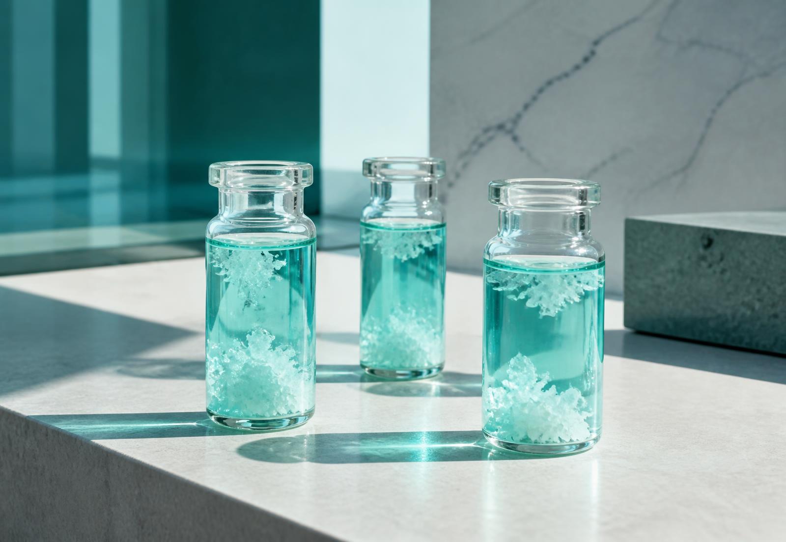 Three glass sample vials of clear aqua water and white mineral flake on pale stone