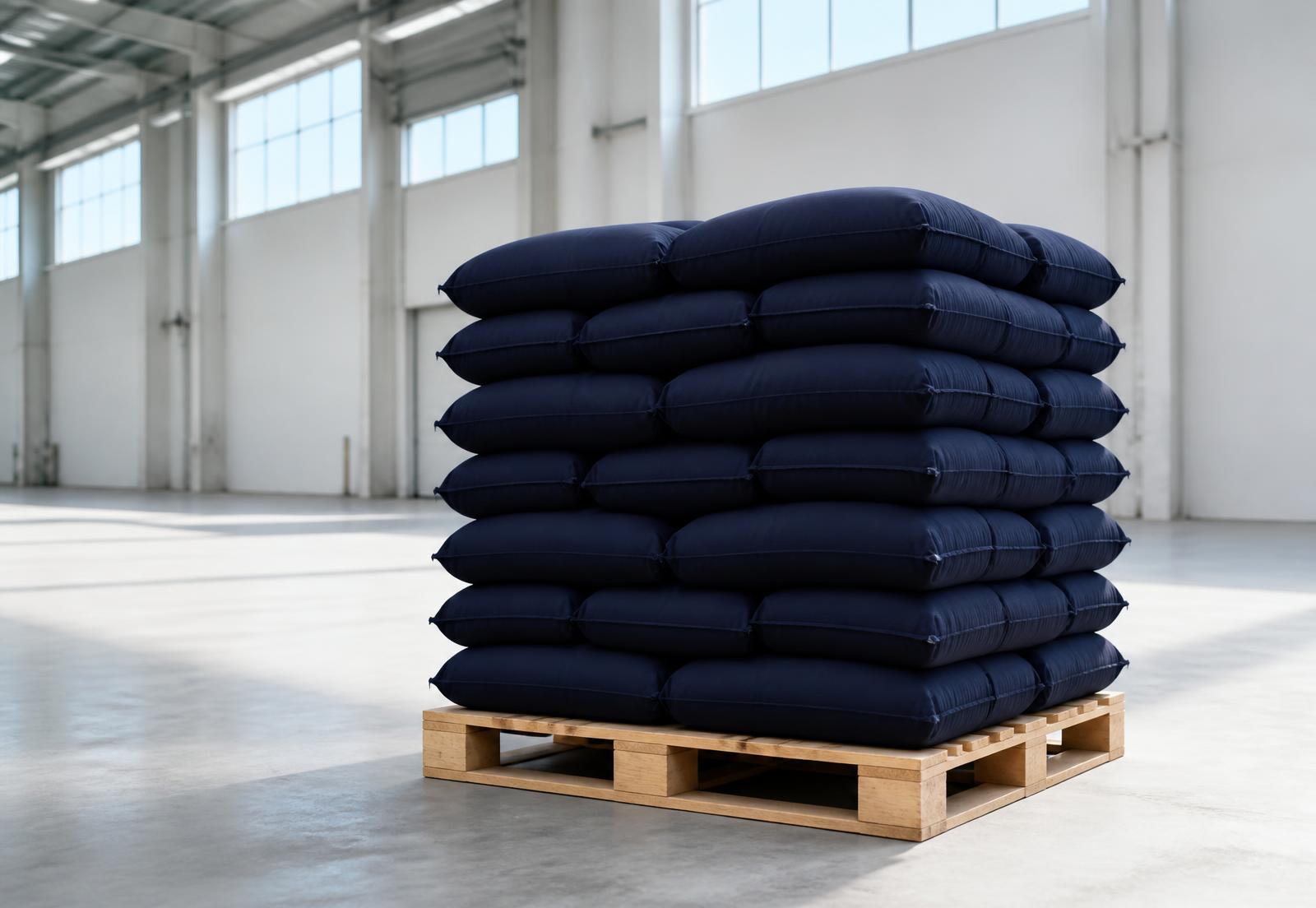 Palletised stack of matte navy mineral bags in a clean daylit warehouse