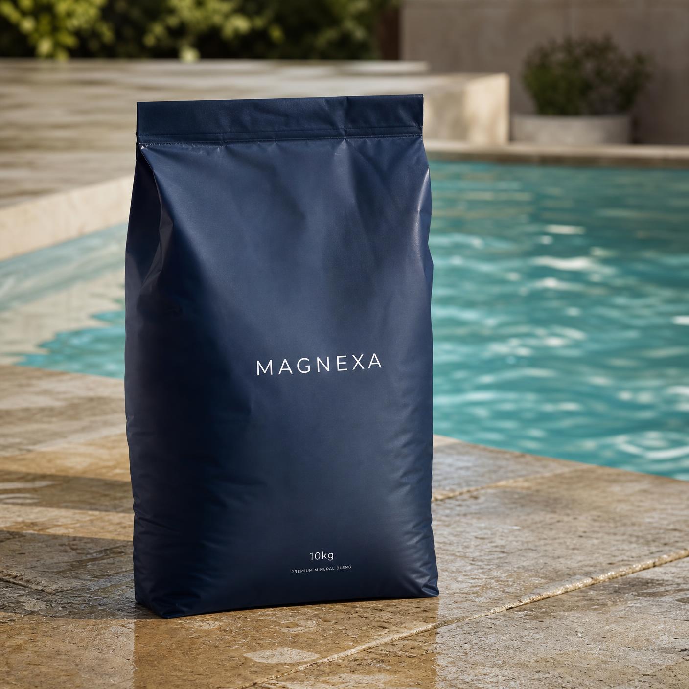 Matte navy MAGNEXA 10kg mineral bag on wet travertine beside a pool
